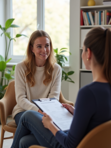 Eine Psychotherapeutin im Gespräch mit einer Patientin in einer hellen, freundlichen Praxis. Die Therapeutin geht einen diagnostischen Fragebogen durch.