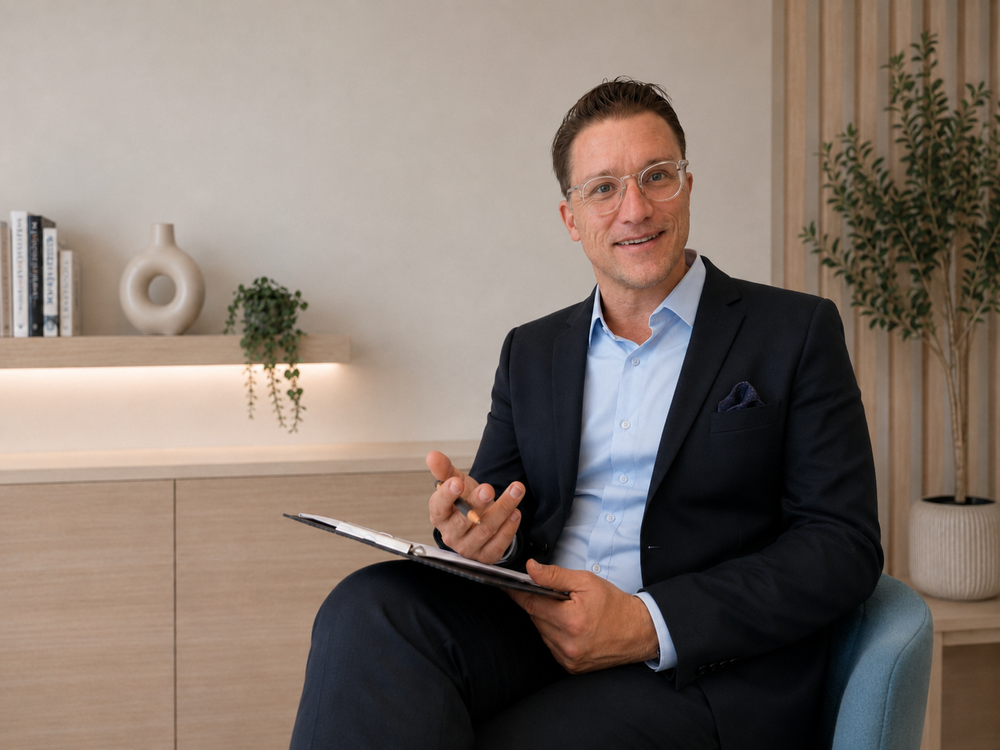 Dirk sitzt in einer ruhigen Praxisatmosphäre mit Klemmbrett und führt ein fachliches Gespräch im Rahmen der ADHS-Abklärung. Das Bild vermittelt persönliche Beratung, strukturierte Diagnostik und professionelle Begleitung bei klaro ADHS.